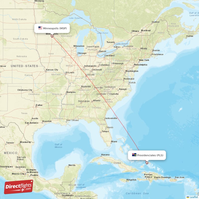 Minneapolis - Providenciales direct flight map
