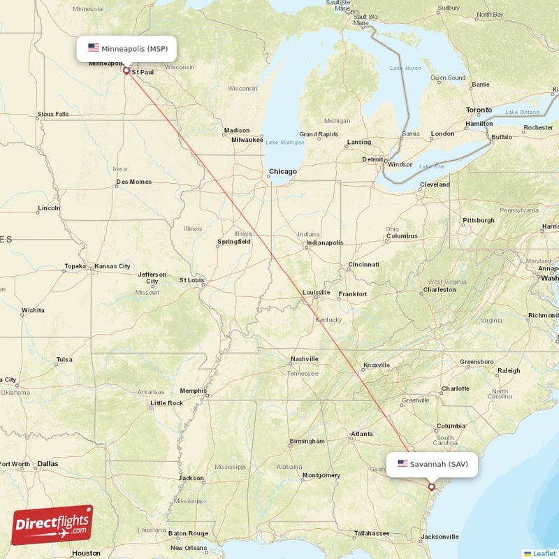 Minneapolis - Savannah direct flight map