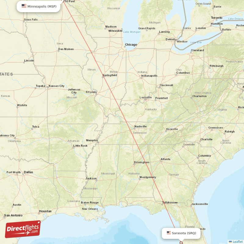 Minneapolis - Sarasota direct flight map