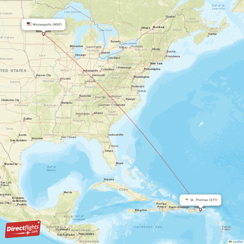 Minneapolis - Saint Thomas direct flight map
