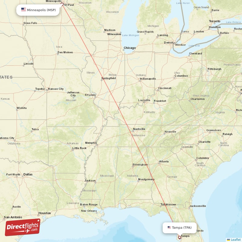 Minneapolis - Tampa direct flight map
