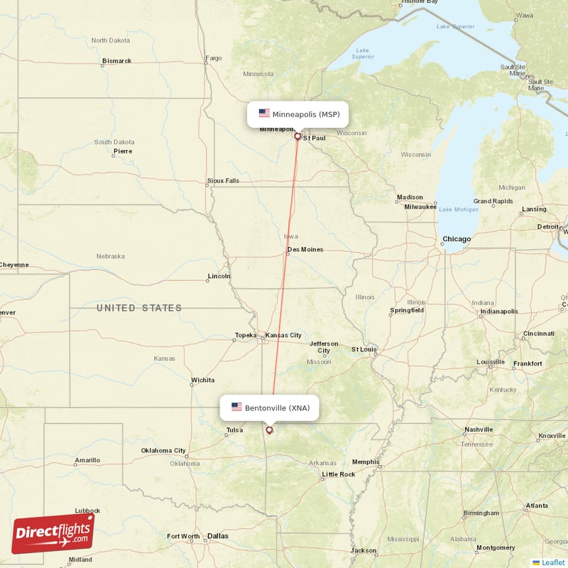 Minneapolis - Bentonville direct flight map