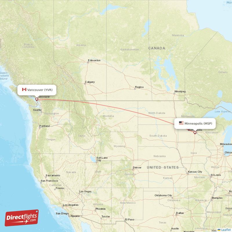 Minneapolis - Vancouver direct flight map