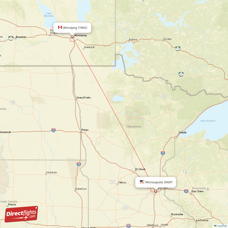 Minneapolis - Winnipeg direct flight map