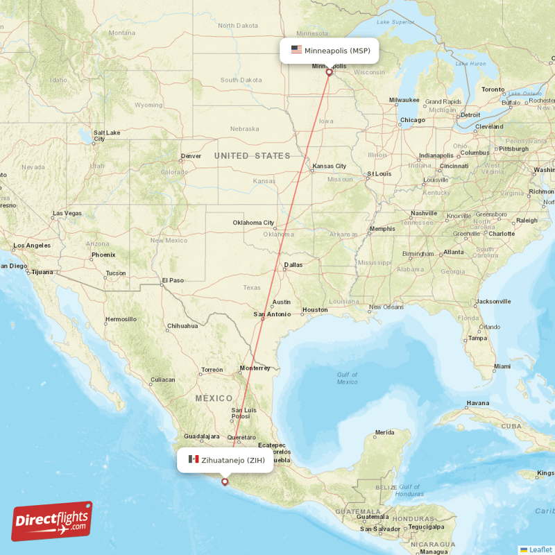 Minneapolis - Ixtapa/Zihuatanejo direct flight map