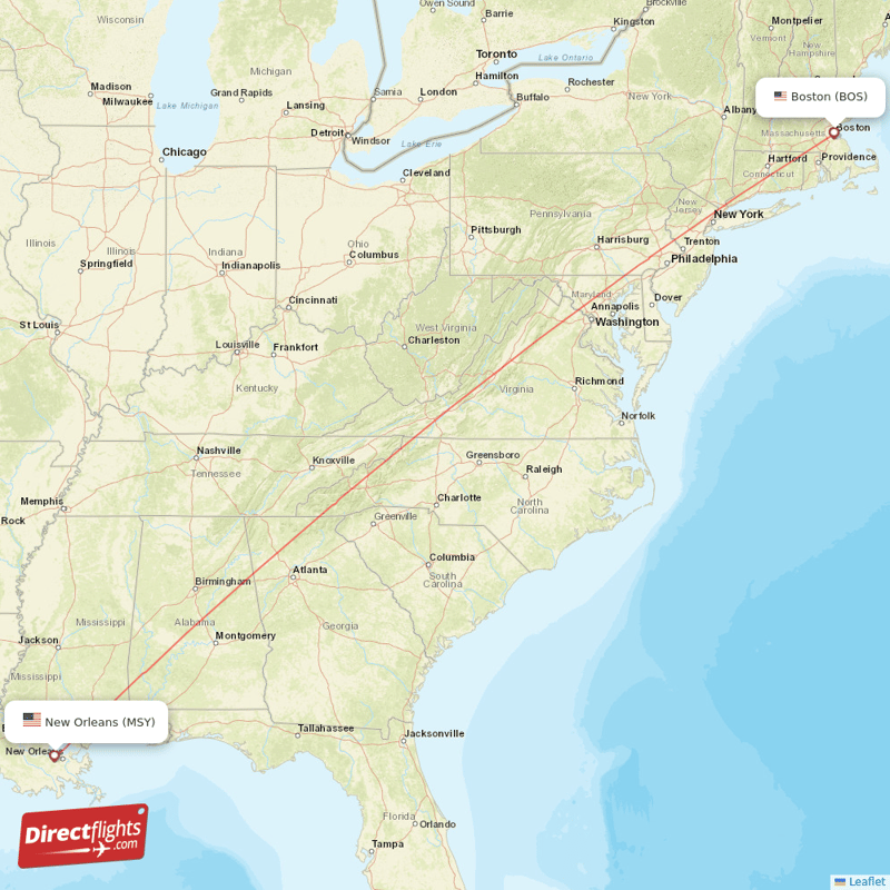 New Orleans - Boston direct flight map