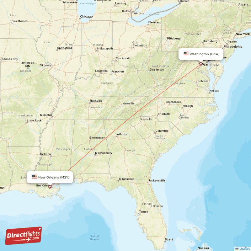 New Orleans - Washington direct flight map
