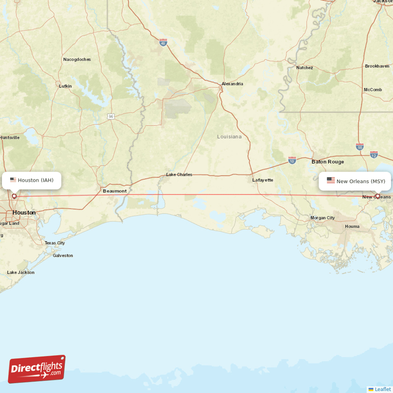 New Orleans - Houston direct flight map