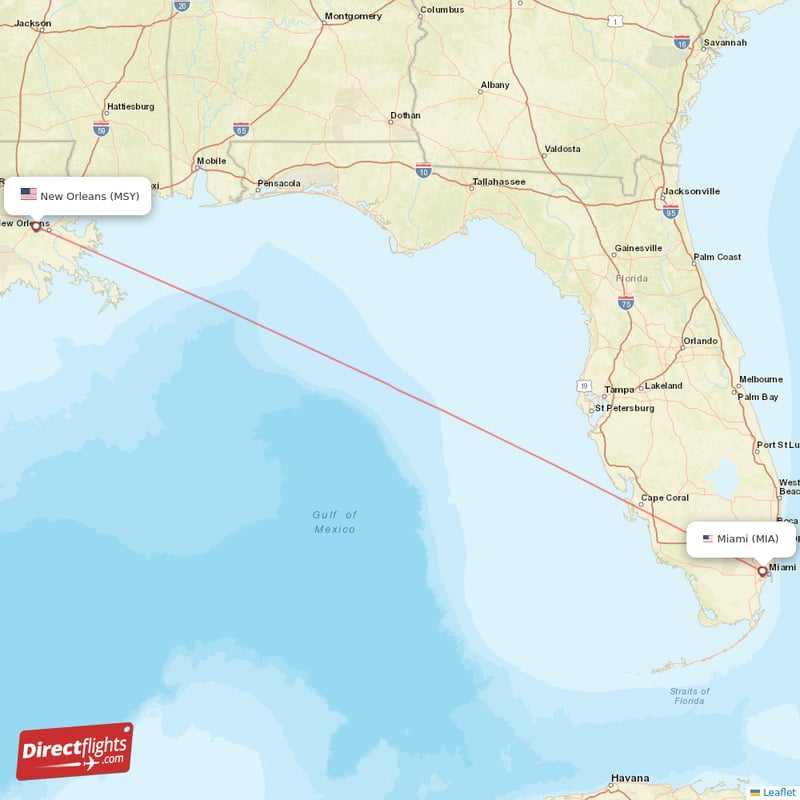 New Orleans - Miami direct flight map