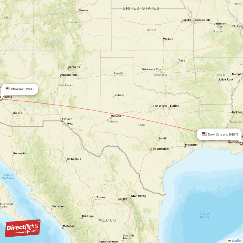 New Orleans - Phoenix direct flight map