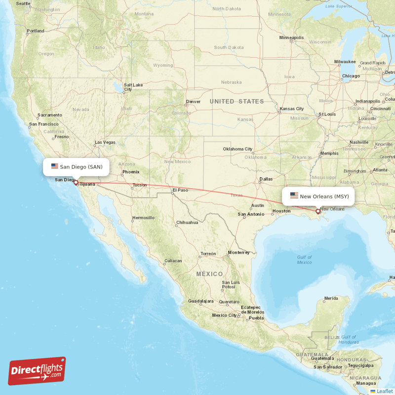 New Orleans - San Diego direct flight map
