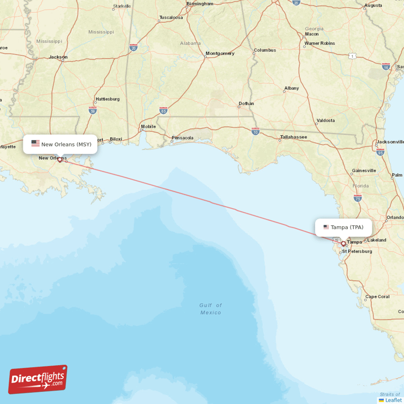New Orleans - Tampa direct flight map