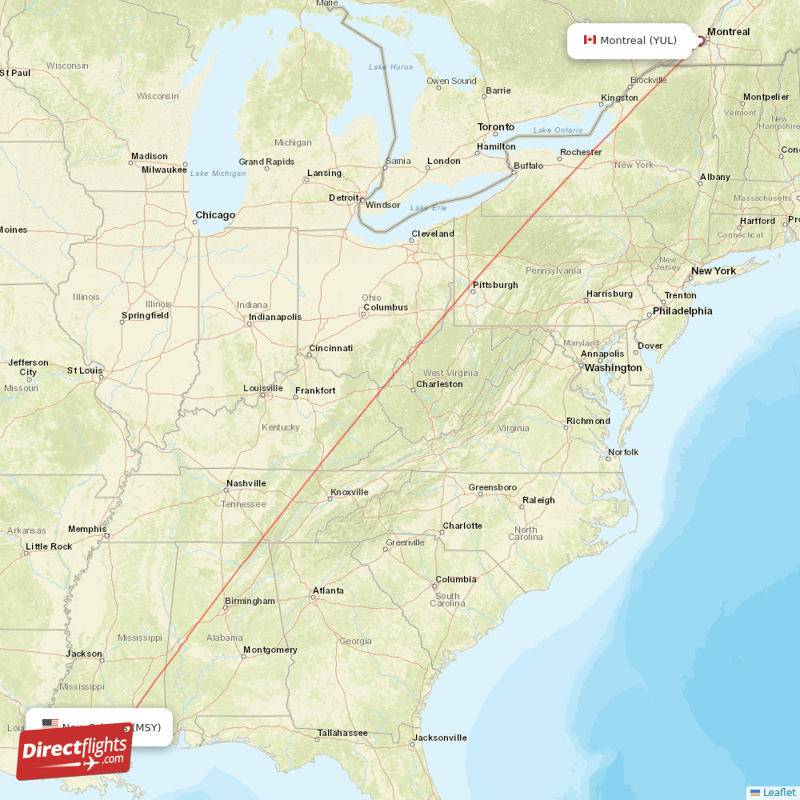 New Orleans - Montreal direct flight map