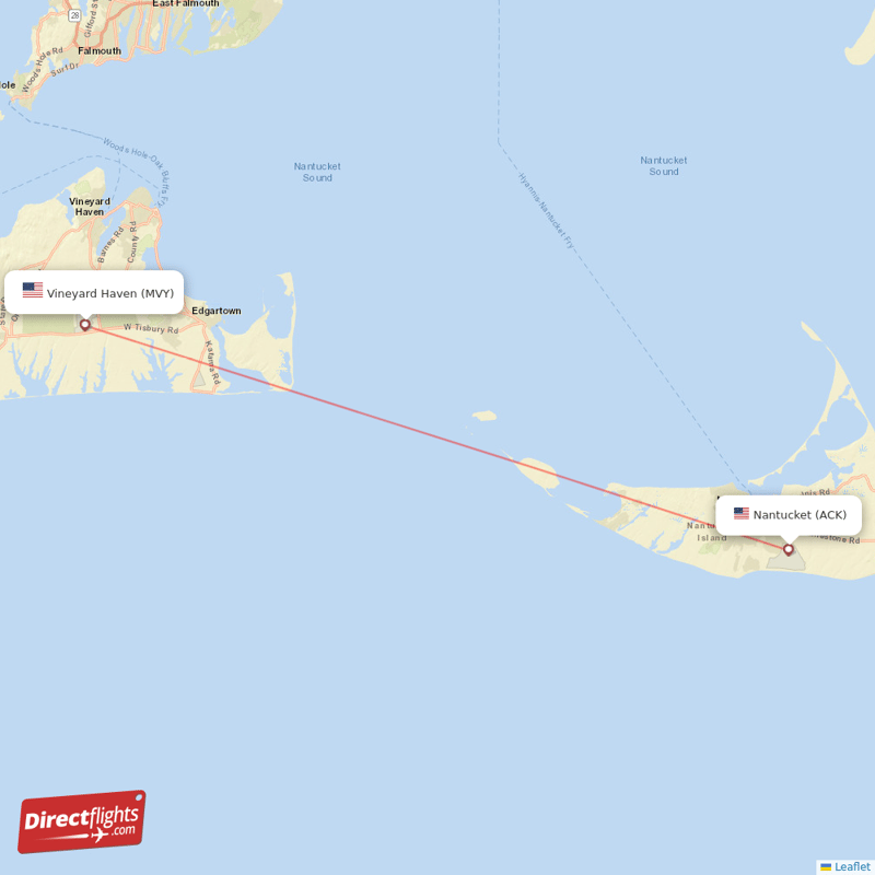 Martha's Vineyard - Nantucket direct flight map