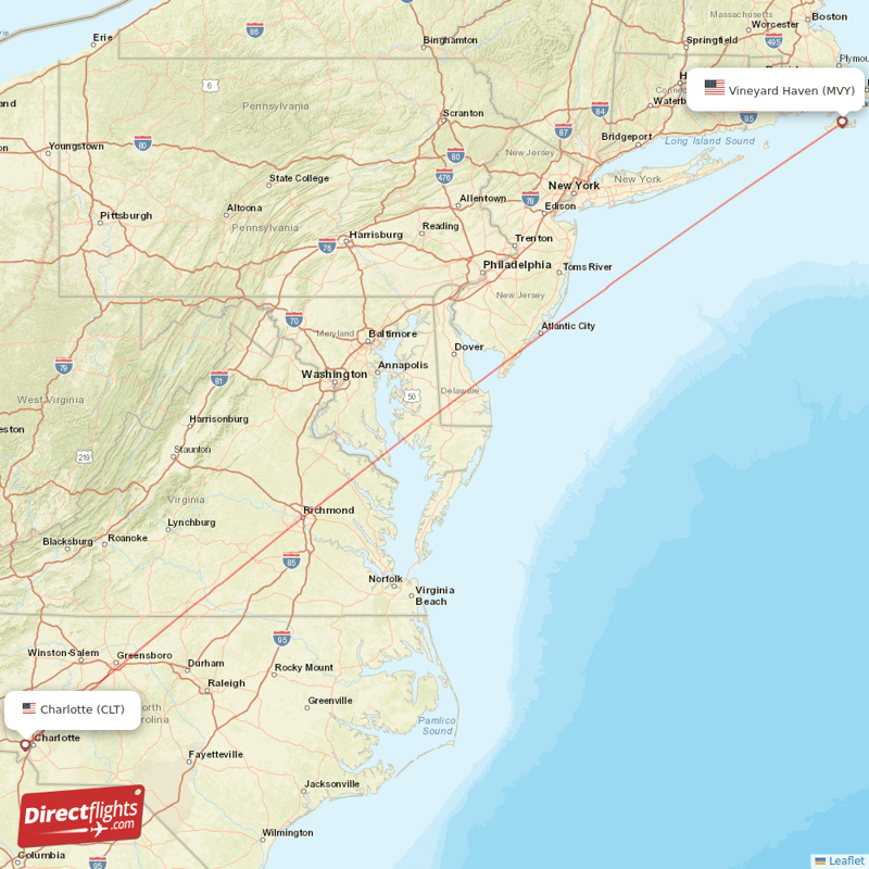 Martha's Vineyard - Charlotte direct flight map