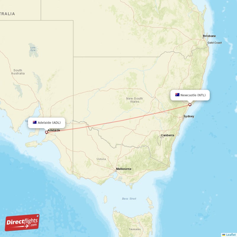 Newcastle - Adelaide direct flight map