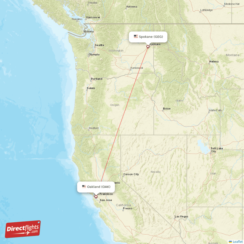 Oakland - Spokane direct flight map