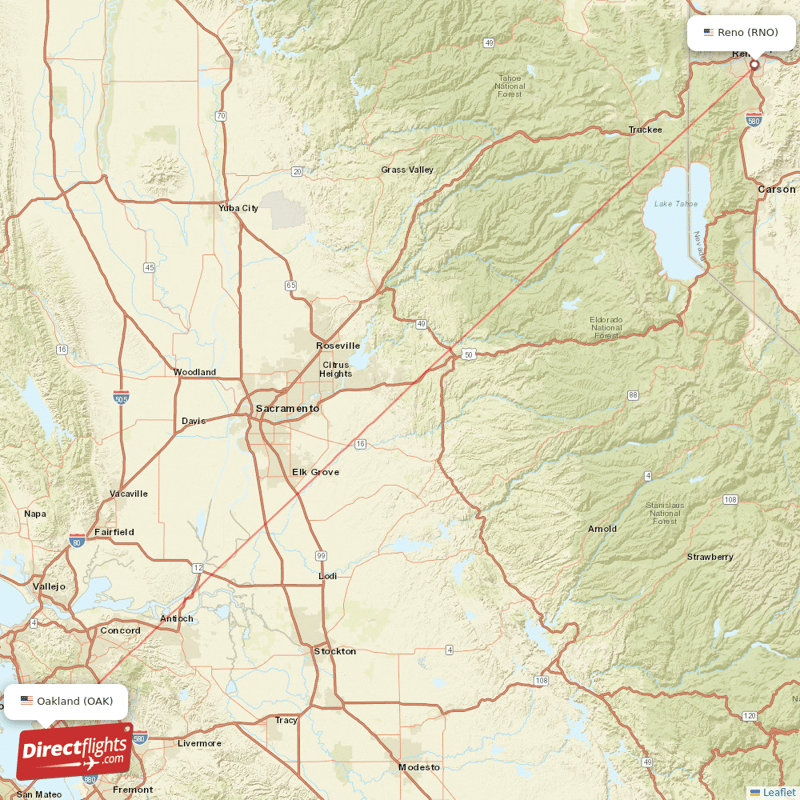 Oakland - Reno direct flight map