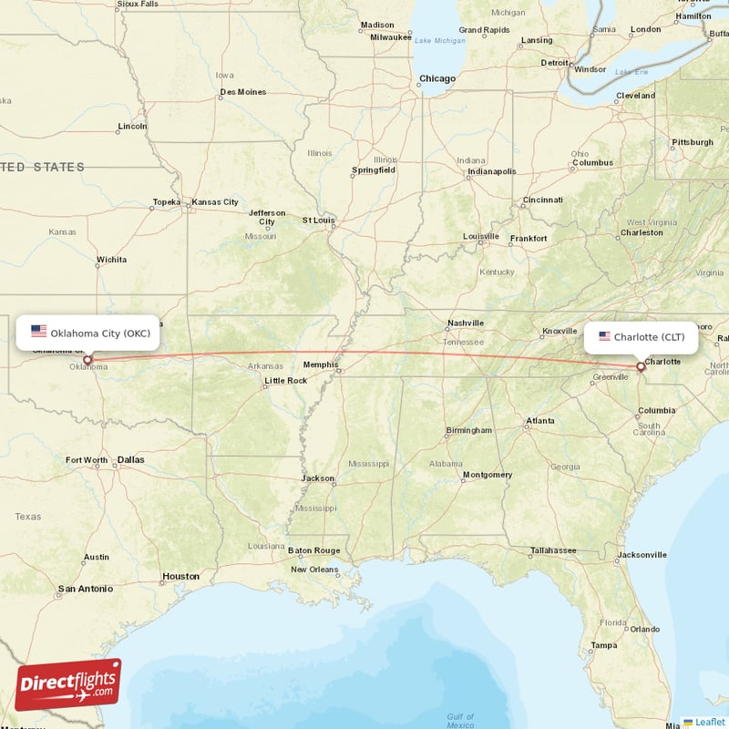 Oklahoma City - Charlotte direct flight map