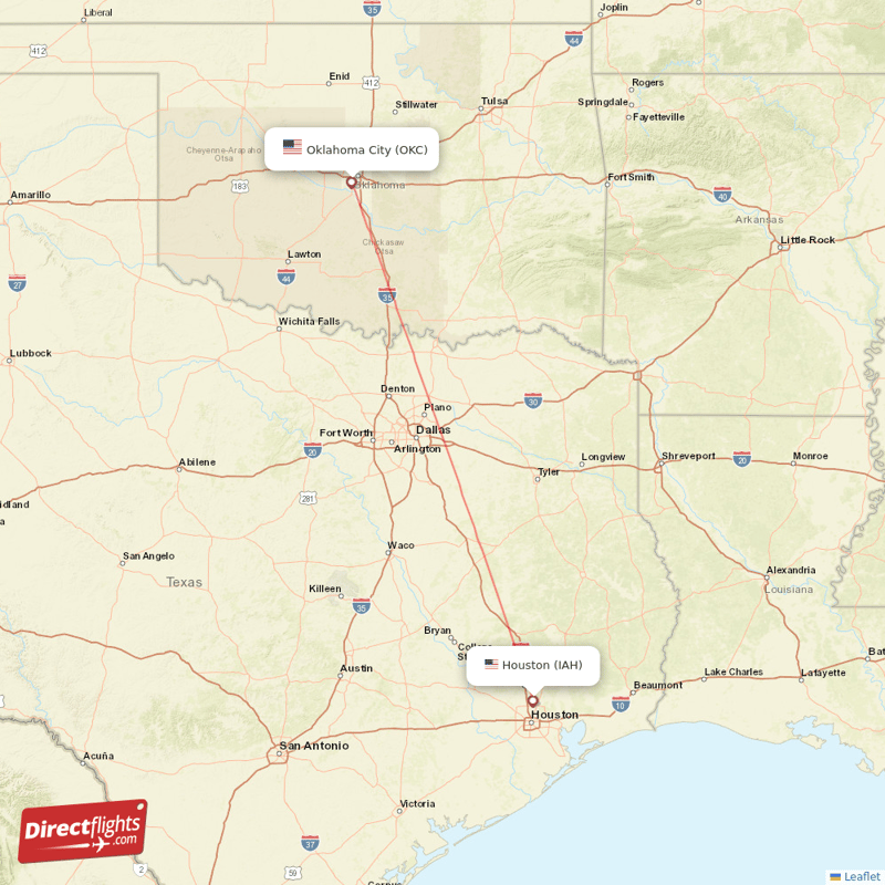 Oklahoma City - Houston direct flight map