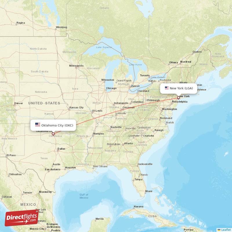 Oklahoma City - New York direct flight map