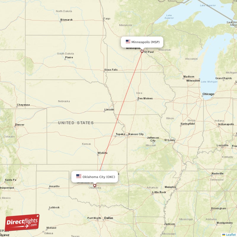 Minneapolis - Oklahoma City direct flight map