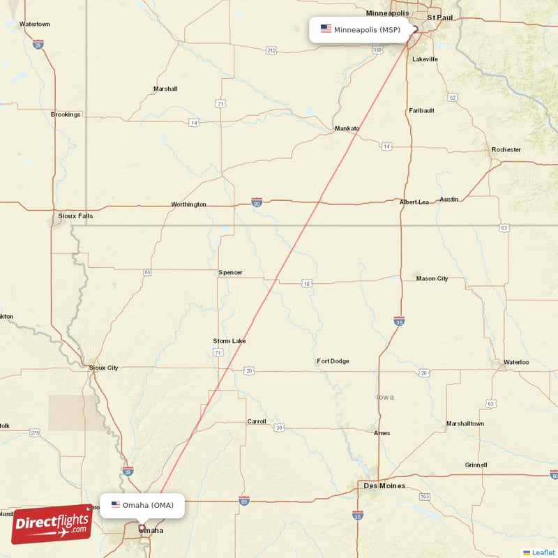 Minneapolis - Omaha direct flight map