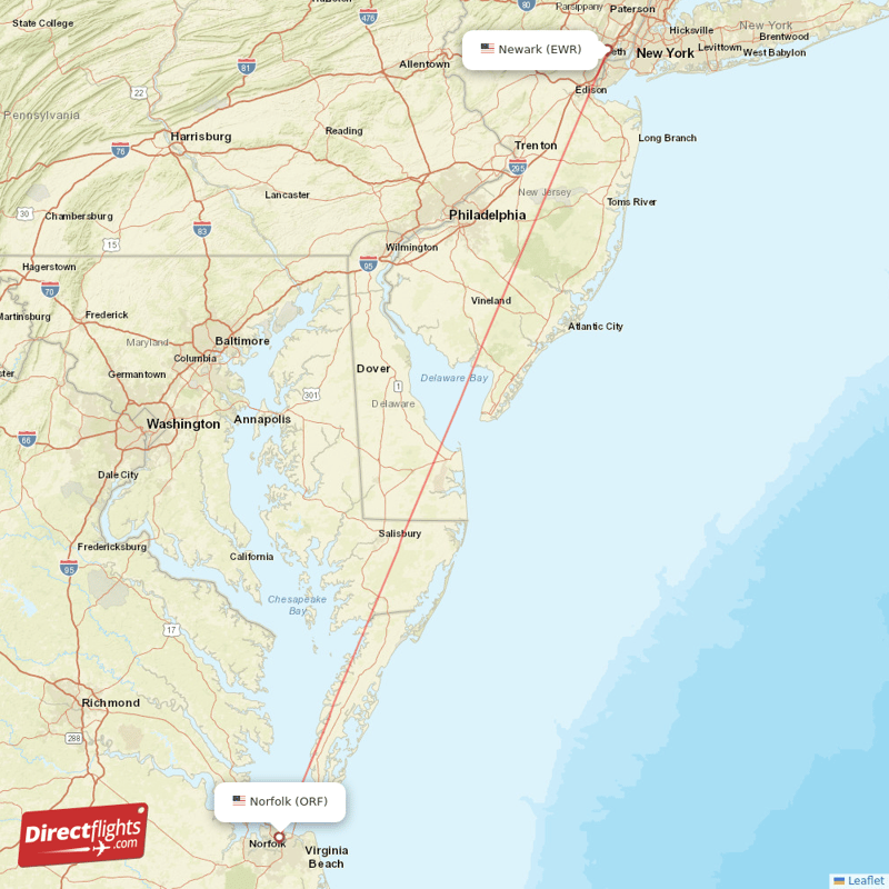 Norfolk - New York direct flight map