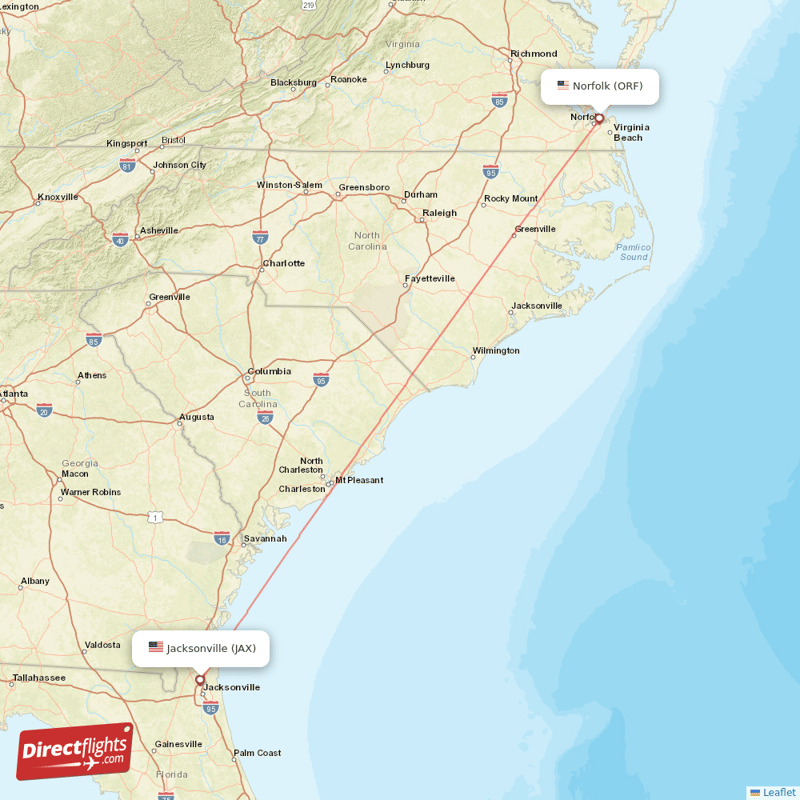 Norfolk - Jacksonville direct flight map