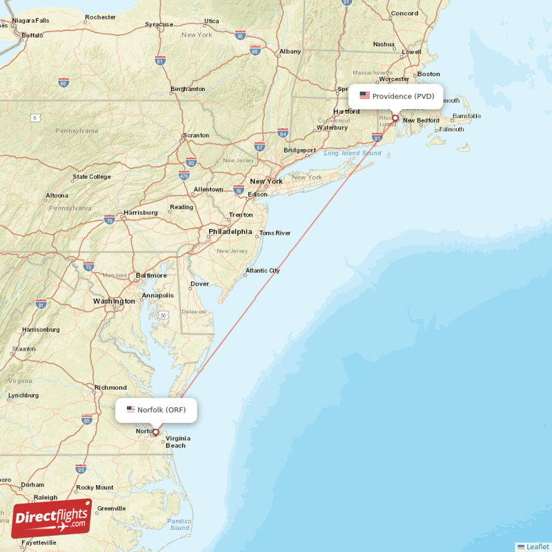Norfolk - Providence direct flight map