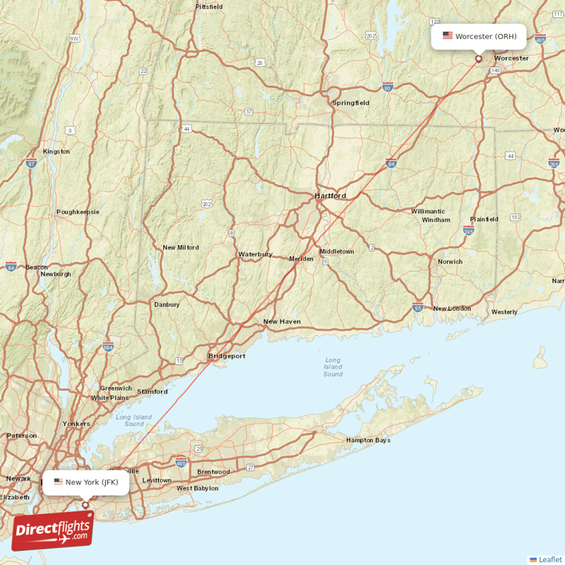 Worcester - New York direct flight map