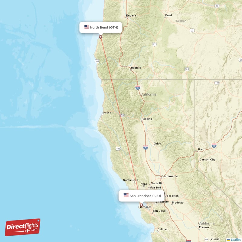 North Bend - San Francisco direct flight map