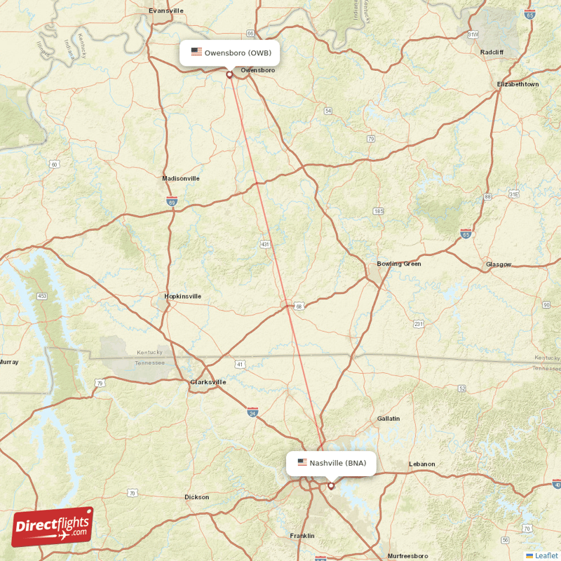 Owensboro - Nashville direct flight map