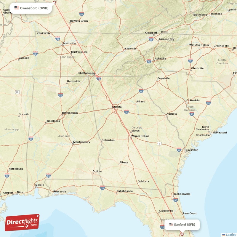 Owensboro - Orlando direct flight map
