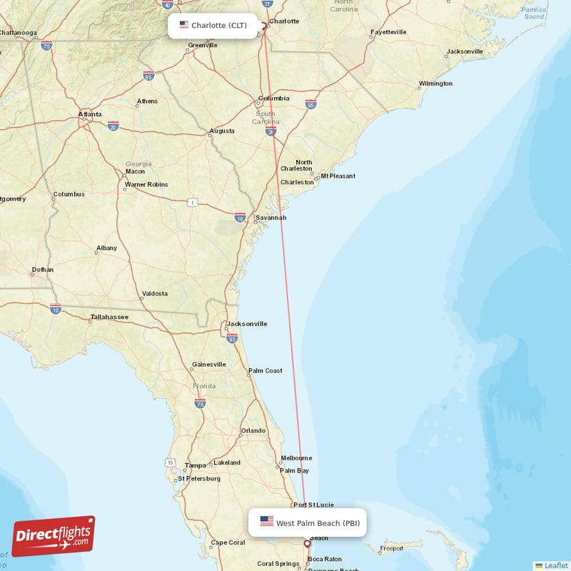 West Palm Beach - Charlotte direct flight map