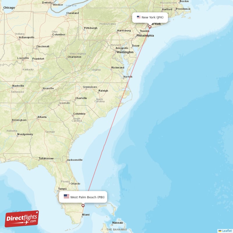 West Palm Beach - New York direct flight map