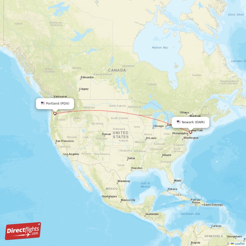 Portland - New York direct flight map