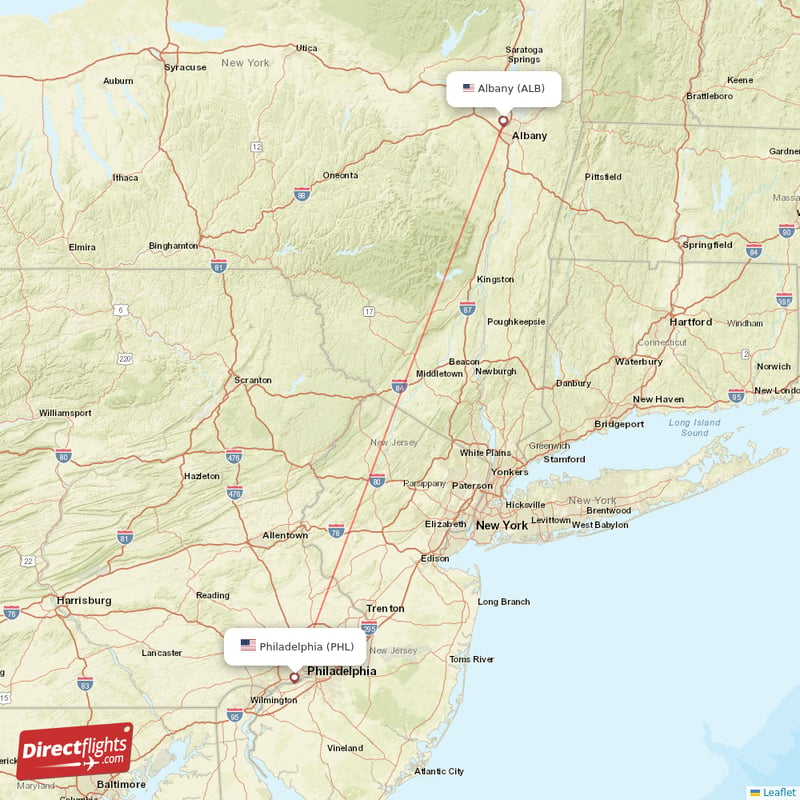 Philadelphia - Albany direct flight map