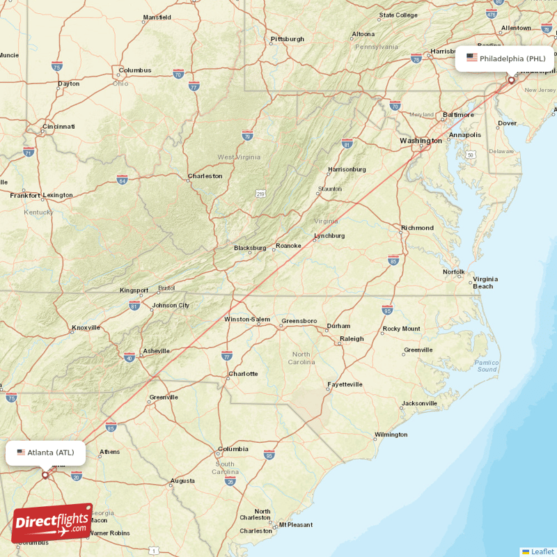 Philadelphia - Atlanta direct flight map