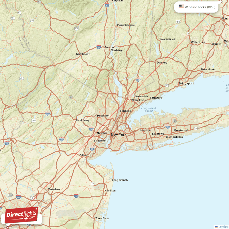 Philadelphia - Hartford direct flight map