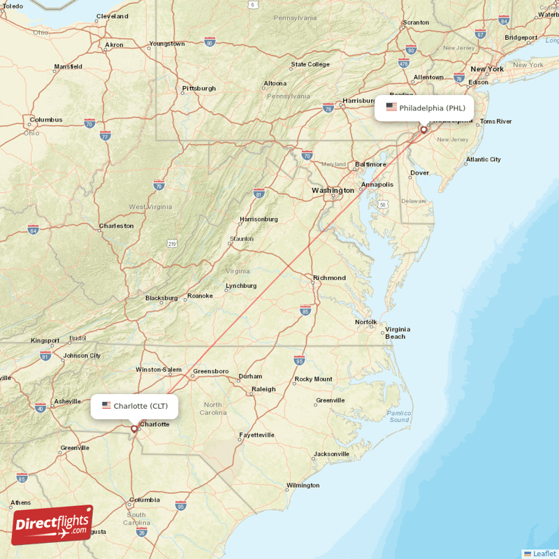 Philadelphia - Charlotte direct flight map