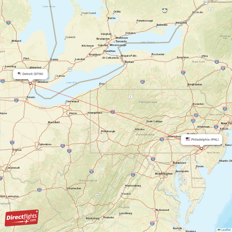 Philadelphia - Detroit direct flight map