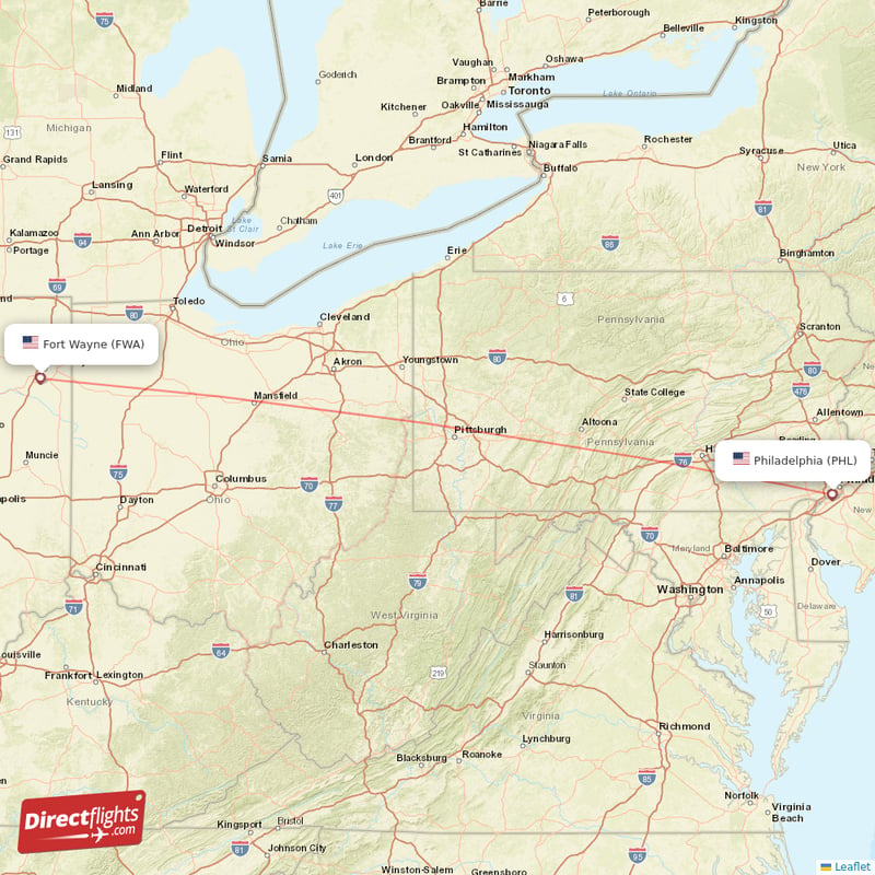 Philadelphia - Fort Wayne direct flight map