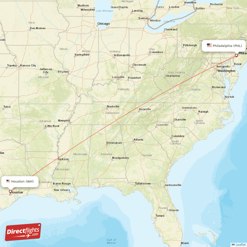 Philadelphia - Houston direct flight map