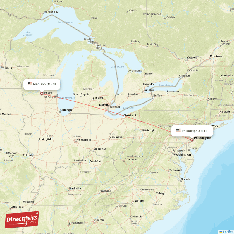 Philadelphia - Madison direct flight map