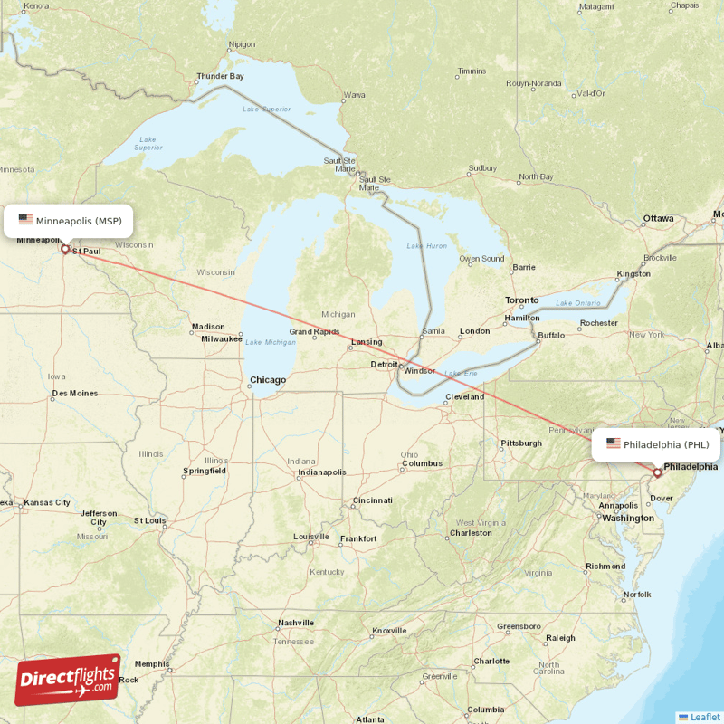 Philadelphia - Minneapolis direct flight map