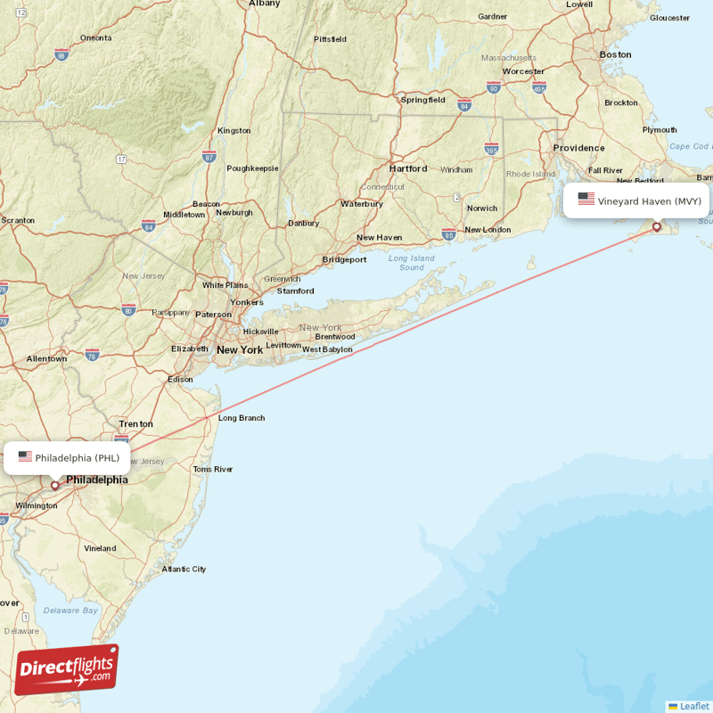 Philadelphia - Martha's Vineyard direct flight map