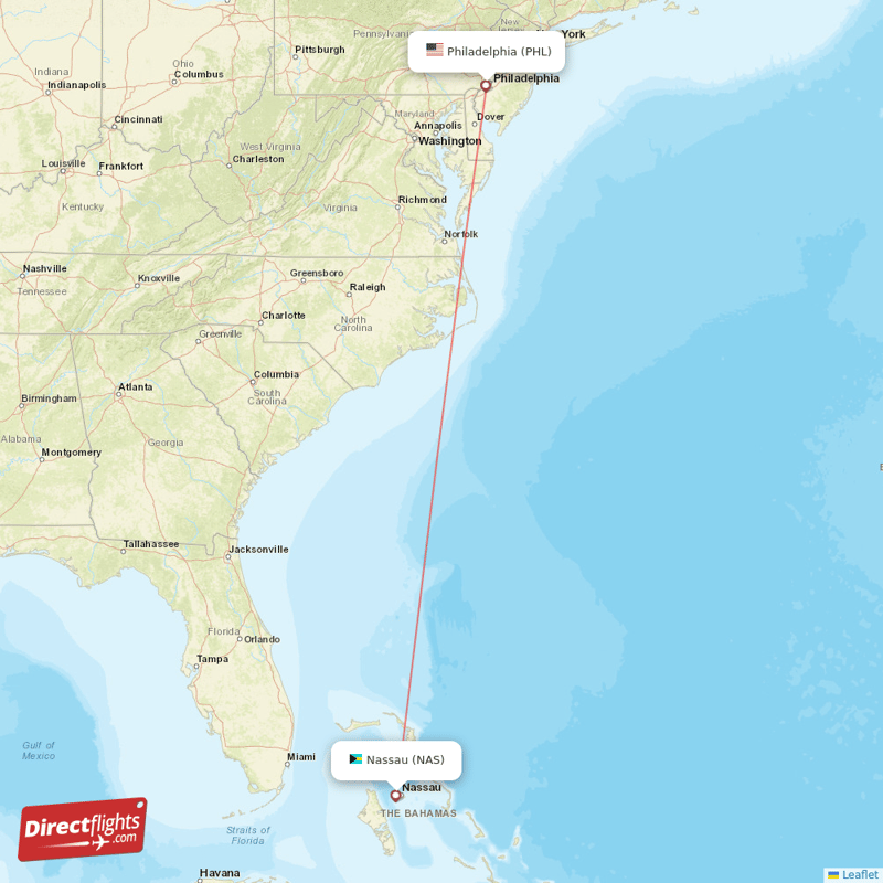 Philadelphia - Nassau direct flight map