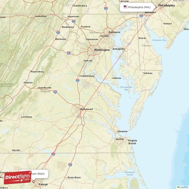 Philadelphia - Raleigh/Durham direct flight map