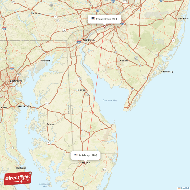 Philadelphia - Salisbury-Ocean City direct flight map